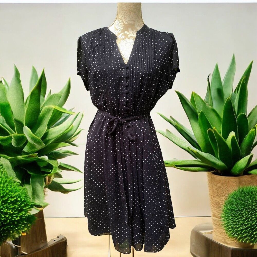 CB 1962 Navy Polka Dot Retro Fit & Flare Dress V-Neck Belted Pintuck M/L Sz 14